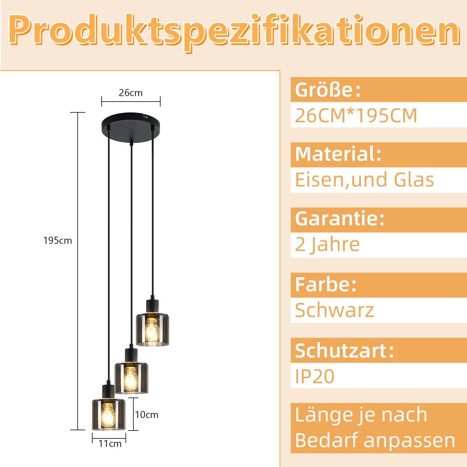 NETTLIFE Lámpara Colgante Vidrio Negro Diam.26cm E27 Sala de Estar 3 Bombillas Lámpara de Vintage Lámpara Industrial Regulable en Altura - 4