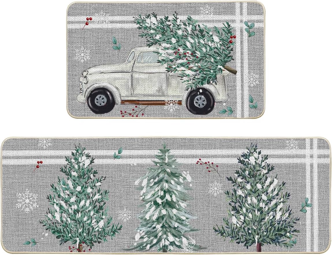Dwuczęściowe białe dywaniki świąteczne do kuchni (50*80cm+50*120cm) z paskami sosnowymi, zmywalne, do dekoracji wewnątrz i na zewnątrz