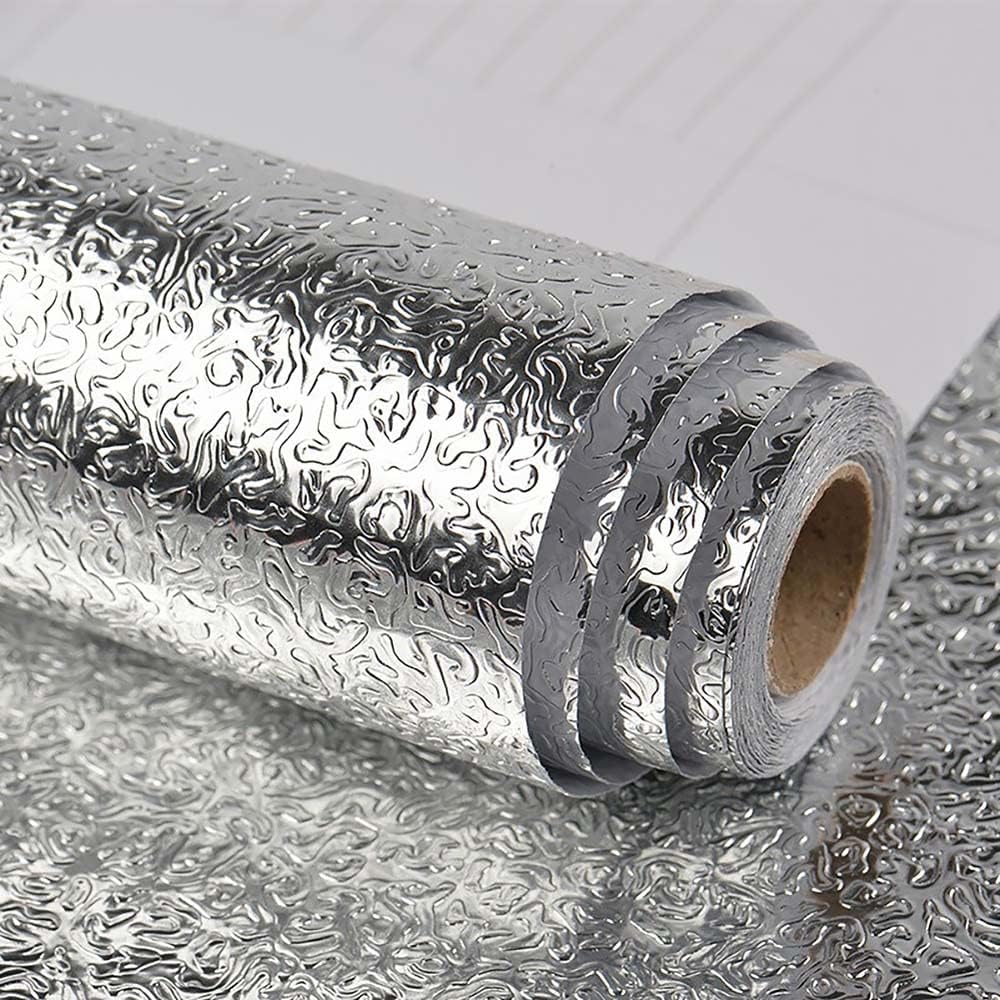 Tapeta z folii aluminiowej w kolorze srebrnym, wodoodporna, samoprzylepna, na blat kuchenny, do szafki, odporna na olej, 40 x 900 cm