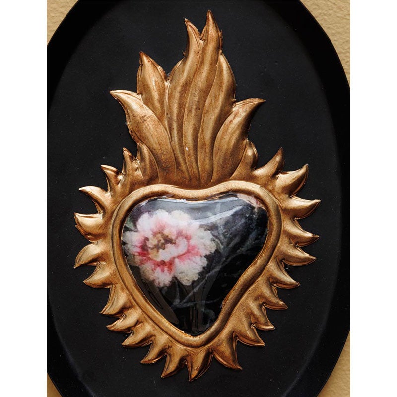 Cadre Ovale en Fer Ex-voto Fleuri Noir Doré 14x20cm - 3
