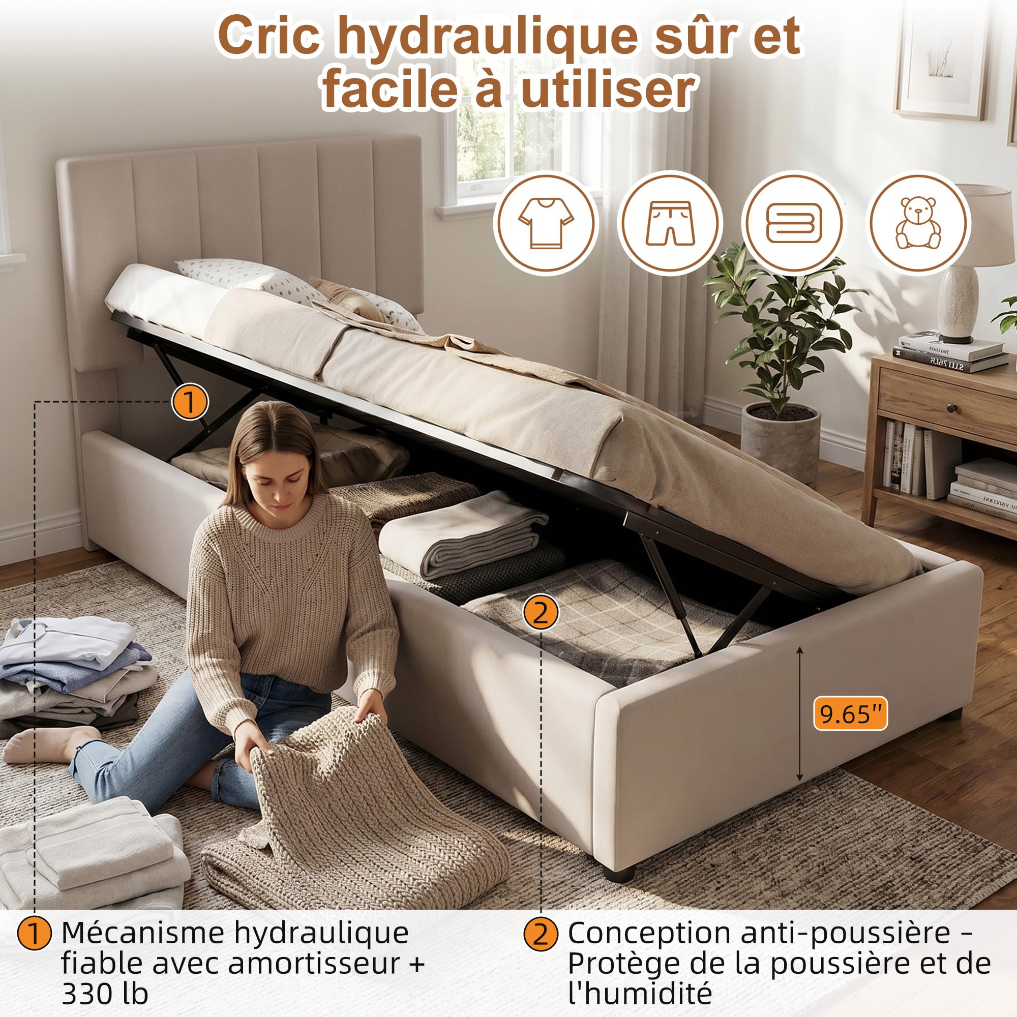 Lit Coffre 90x200 cm, Lit Capitonné Enfant avec Coffre de Rangement Hydraulique et Sommier à Lattes, Tête de Lit Réglable, Sans Matelas, Beige - 5