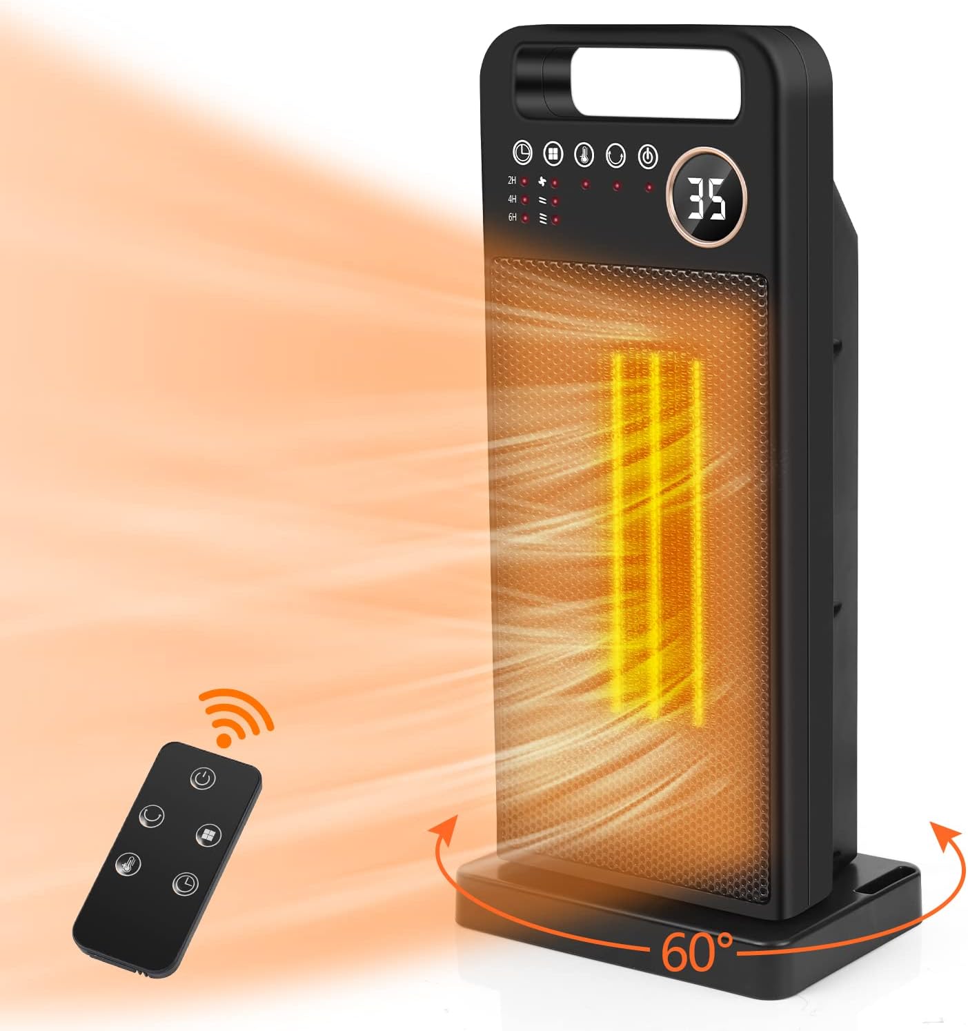 Ceramiczny podgrzewacz powietrza, 2000 W, automatyczna oscylacja 60°, sterowanie zdalne i dotykowe, 3 ustawienia temperatury