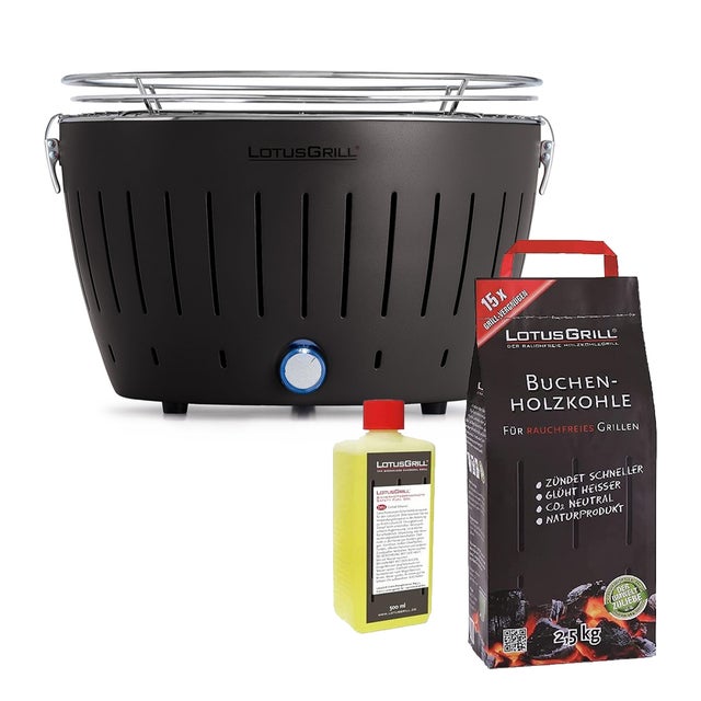 Barbecue Nero con Batterie e Cavo di Alimentazione USB + 2.5Kg di Carbonella di Faggio + Gel Combustibile 500ml -Lotus Grill