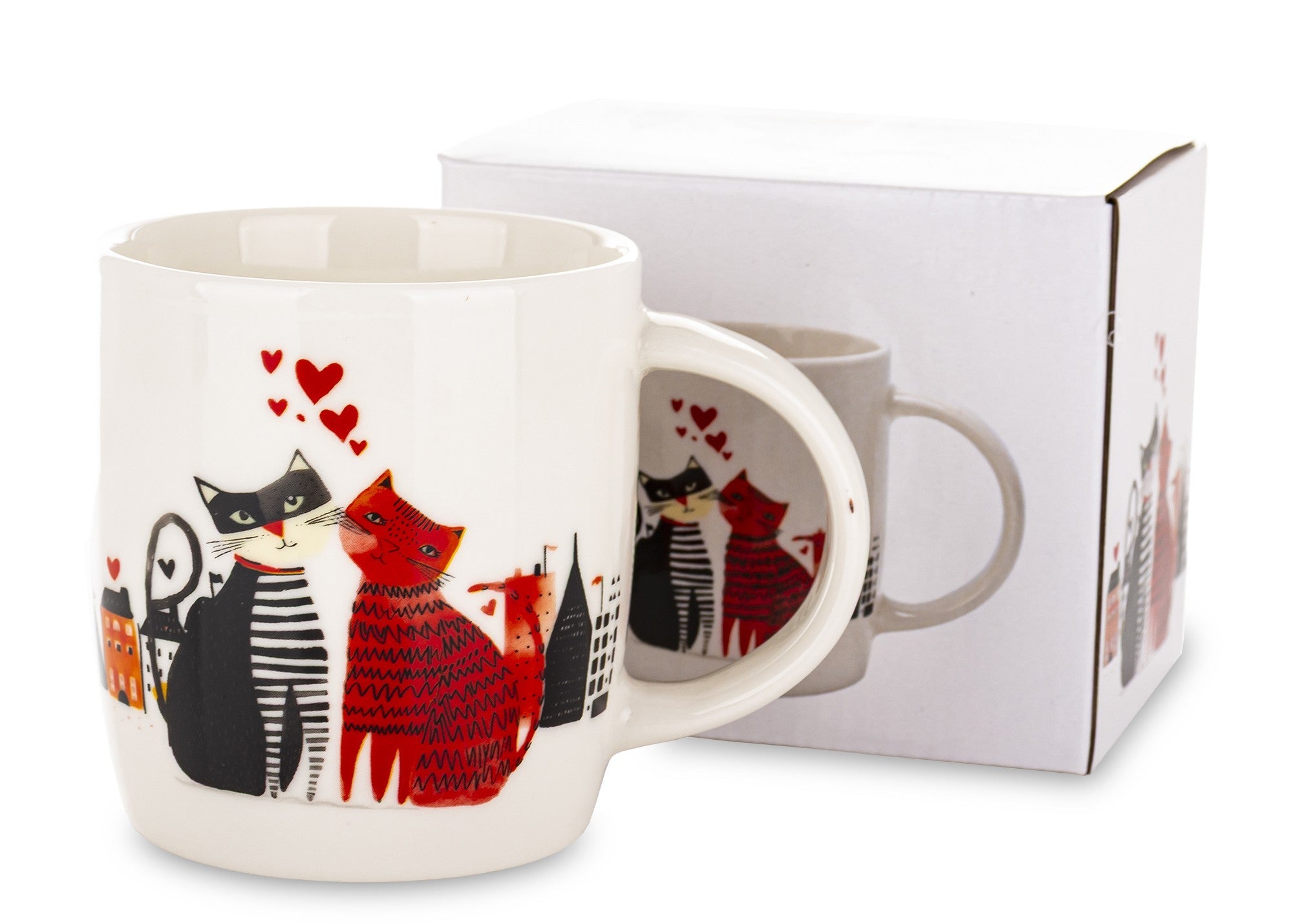 Kubek porcelanowy 350 ml koty 9x12,5x8,5 cm RED-BLACK z zakręconym ogonkiem