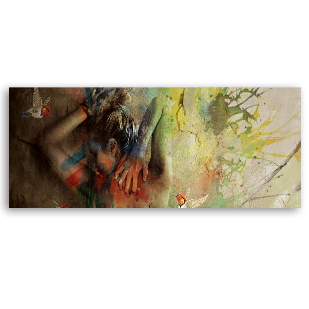 Obraz na płótnie, Kobieta i koliberki 120x40