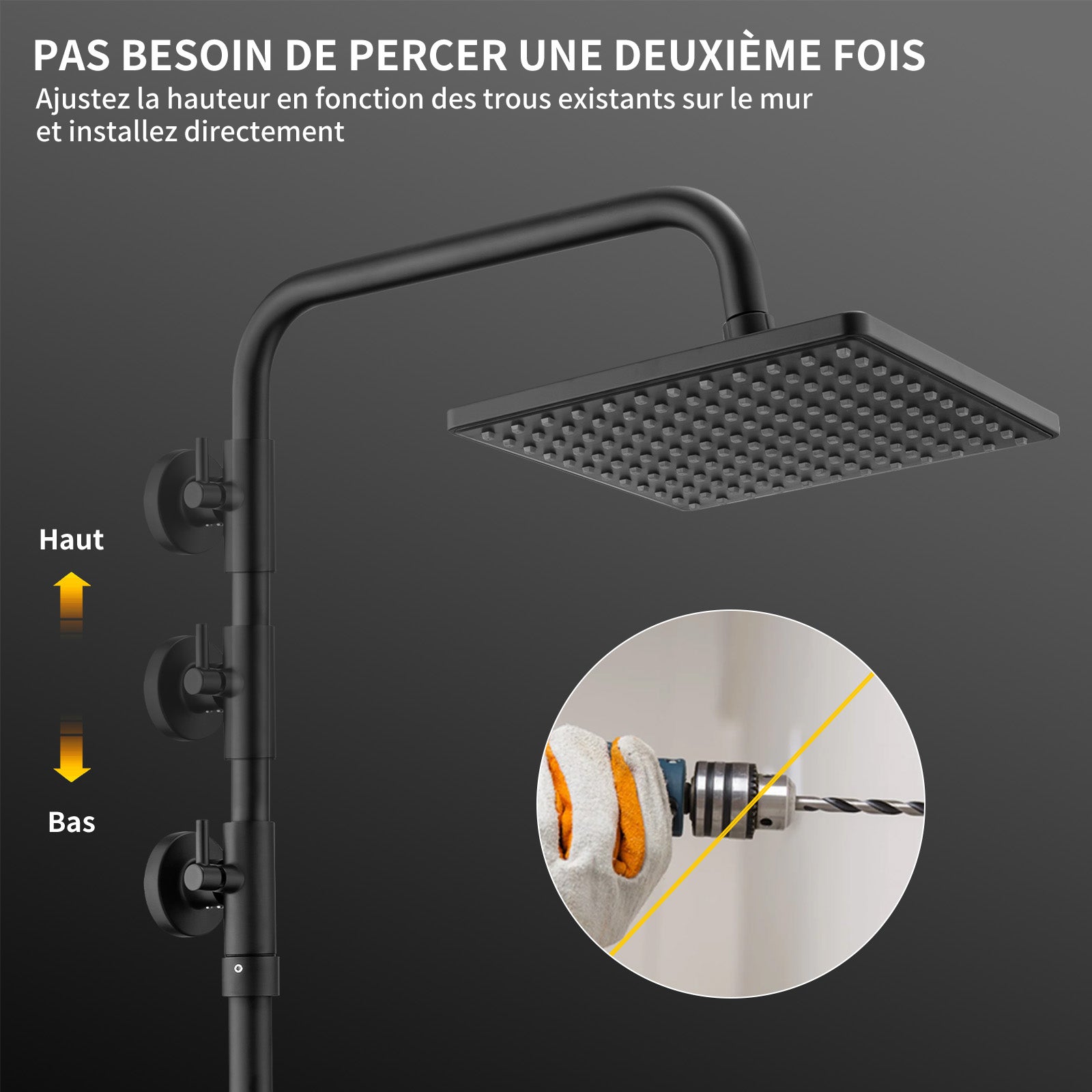 Colonne de Douche Thermostatique Noir Sans Percement Supplémentaire, Ensemble de Douche Réglable en Hauteur ( 1006-1206mm) Corps en Laiton - 3