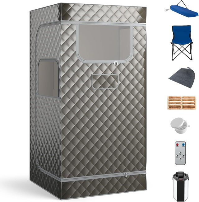 Sauna à Vapeur Portable 3L avec Chaise Pliable pour Tout le Corps, pour 1 Personne avec 9 Niveaux Température Masseur de Pieds Minuterie, Gris