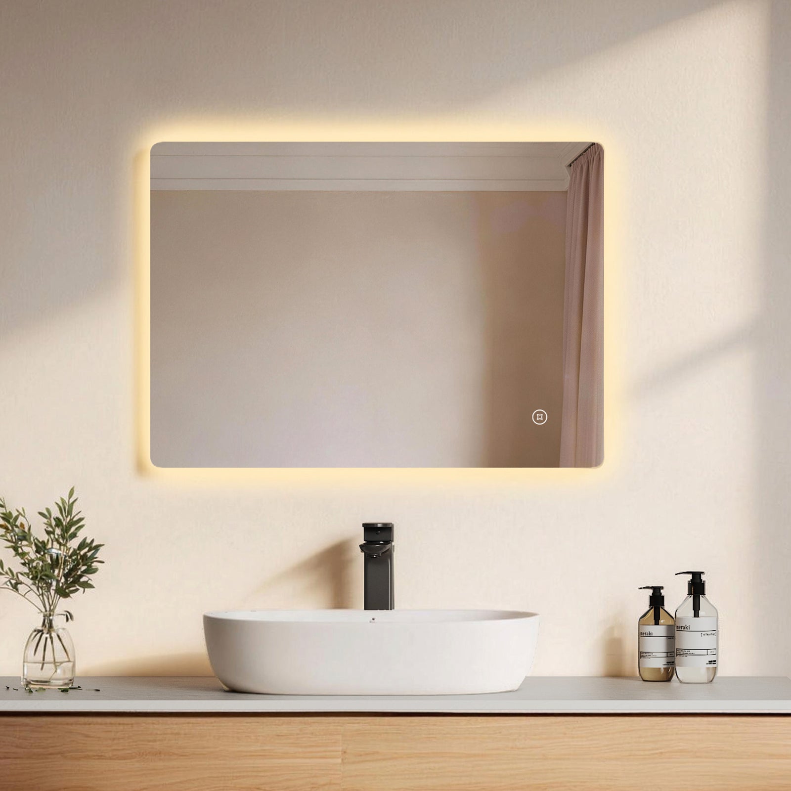 EMKE Lustro łazienkowe z oświetleniem LED 70x50 cm, z 3 barwy światła, możliwość ściemniania, przeciwmgielne, funkcja pamięci, IP44, bezramowe