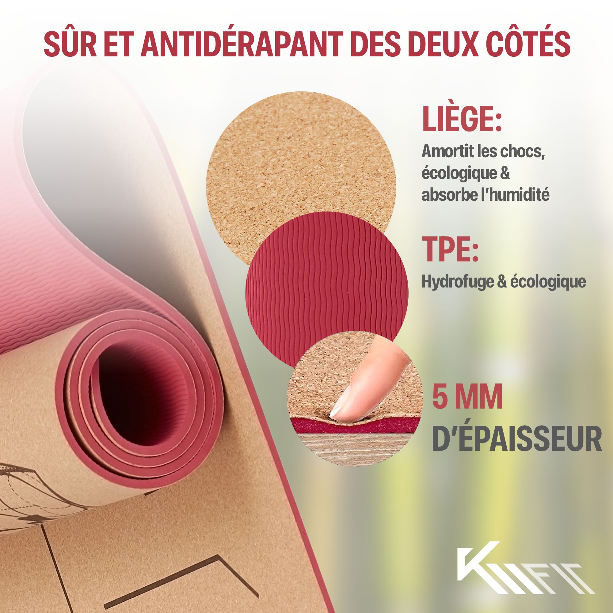 KM-FIT TPE Tapis de yoga Tapis de gymnastique, Pilates, sport 183 cm x61 cm Rose - 4
