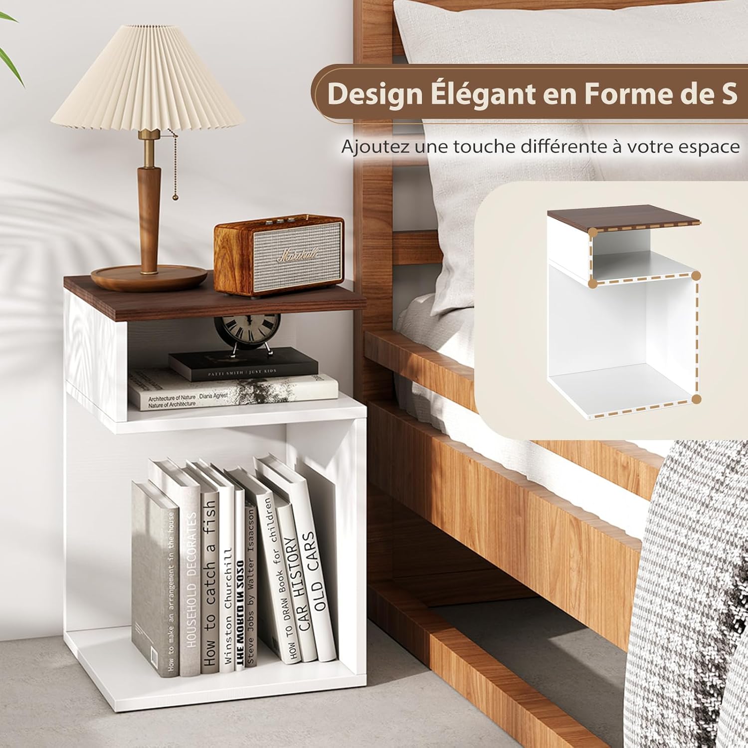 Table d'Appoint en Forme S, Bout de Canapé avec 2 Casiers Ouverts, 3 Étagères Design Géométrique Compacte, Blanc, pour Salon Chambre, Blanc+Noyer - 5