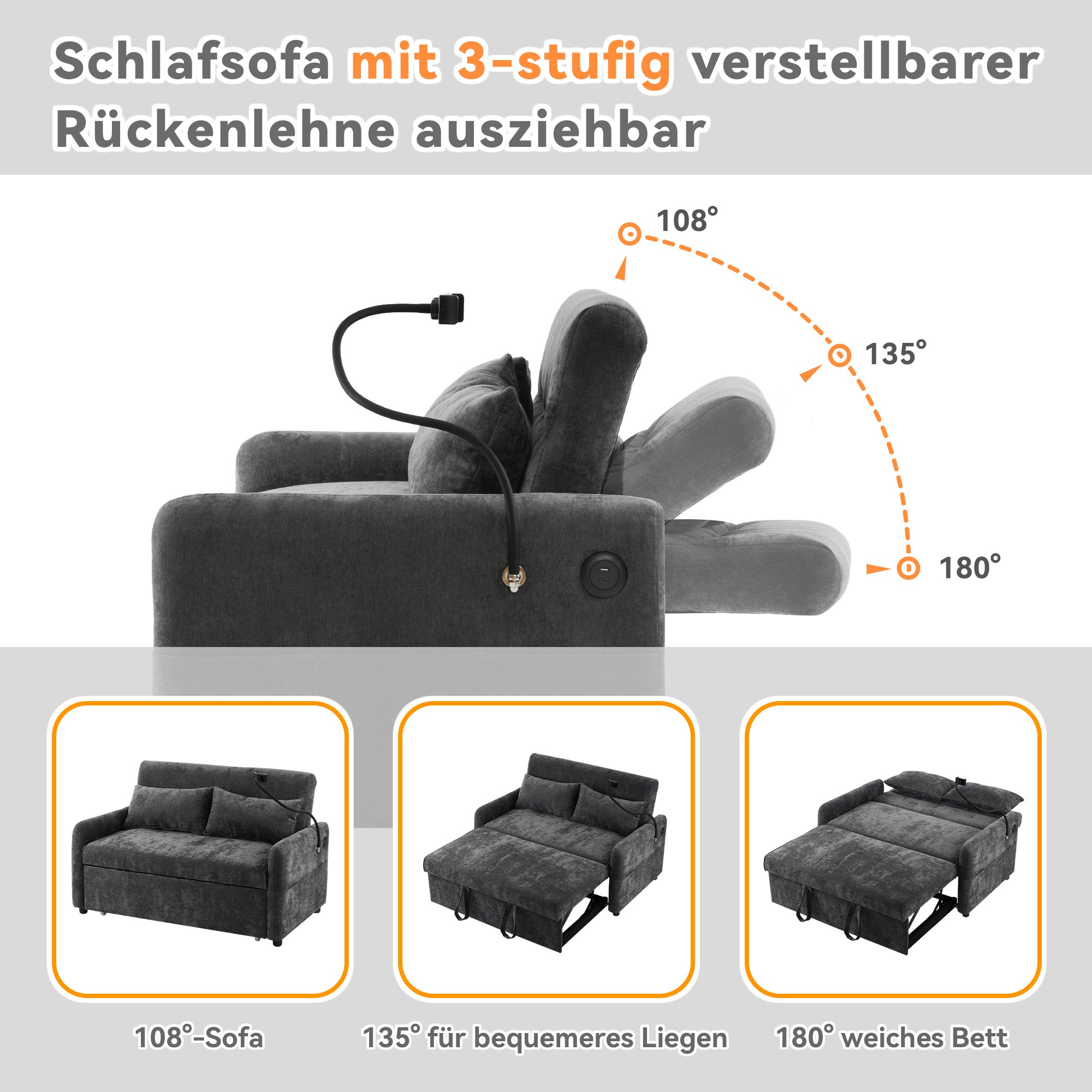 Canapé convertible 2 places avec dossier réglable - Support et prise USB - Tissu chenille - Fonction sommeil - Gris - 9