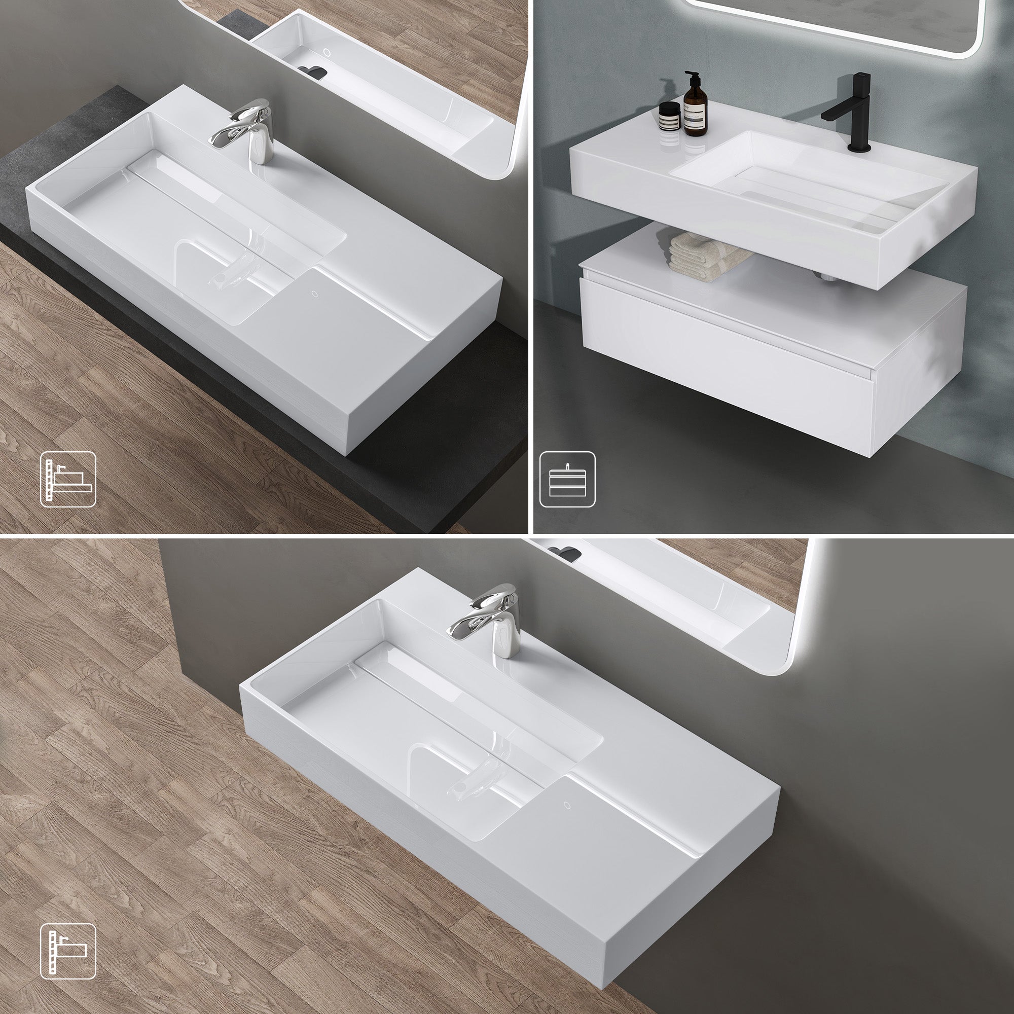 doporro Lavabo Suspendu Blanc 90cm Vasque à Poser Lave Mains Rectangulaire de Qualité pour Salle de Bain 90x48x13cm Colossum12-L - 4