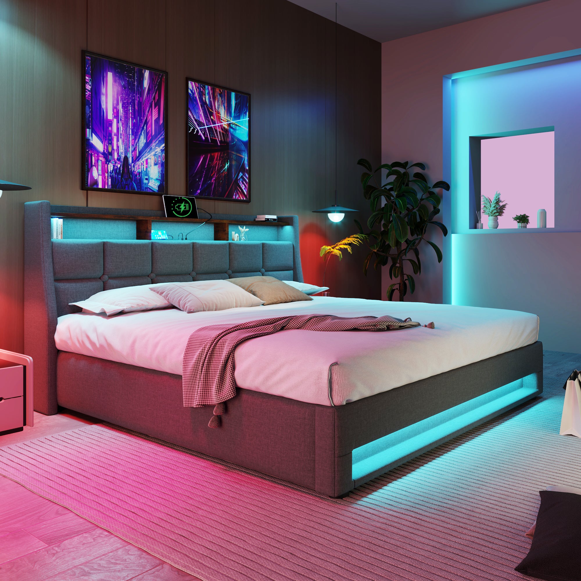 Cama con almacenaje de lino 180x200 cm con LED y puertos USB - somier - gris - 2