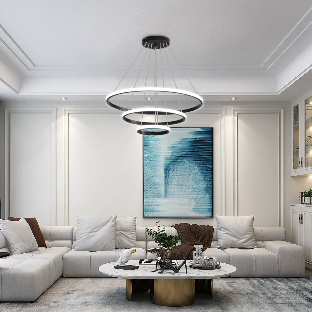 GOECO Lampadario sospeso circolare da 36 W con 3 anelli regolabili, illuminazione contemporanea dimmerabile 2700 K-6500 K, lampada a sospensione chic - 2