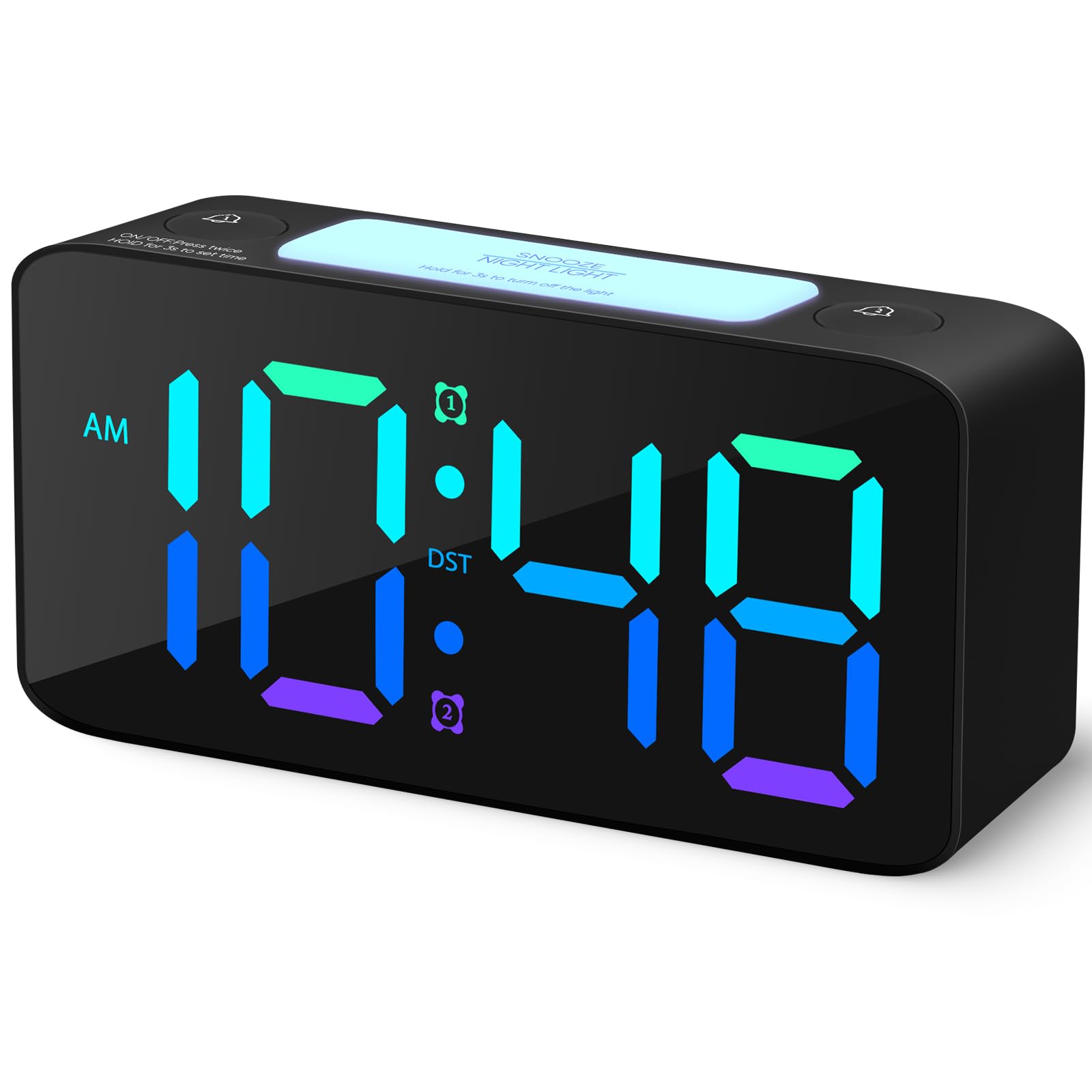 Noir Réveil Fort Pour Les Chambres Avec Veilleuse RVB, Les Adultes Lourds, Double Alarme Variateur Chargeur Usb Petite Horloge Numerique De Chevet 97068628