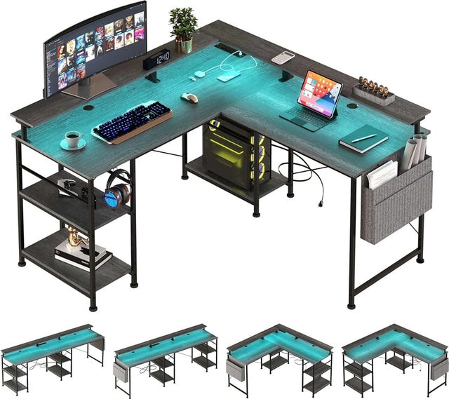 Bureau d'angle en forme de L Tbfit, bureau d'ordinateur réversible avec prise électrique et bande LED, bureau de gaming avec support pour moniteur et
