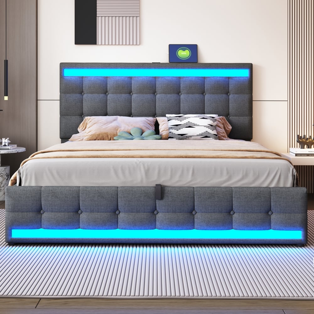 Łóżko skrzyniowe 180 x 200 cm, z portem USB i listwą LED zmieniającą kolor, szare, pościel