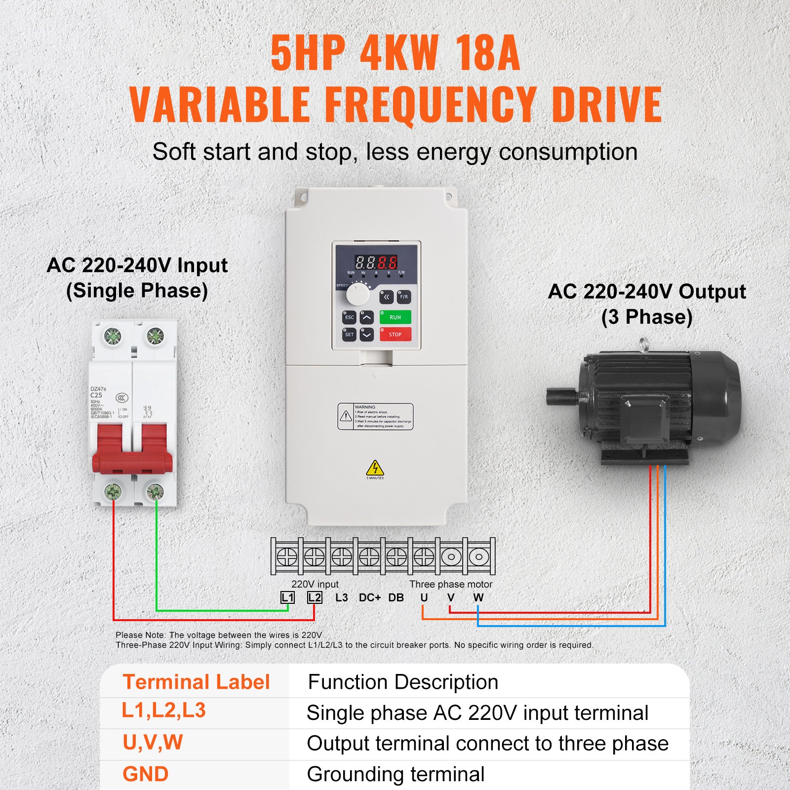 VFD 5CV, 4KW, 18A, entrée 1/3 phase AC 220V vers sortie 3 phases AC 0-220V, entrée 50/60Hz, sortie 0-2000Hz pour contrôle moteur broche SucceBuy - 4