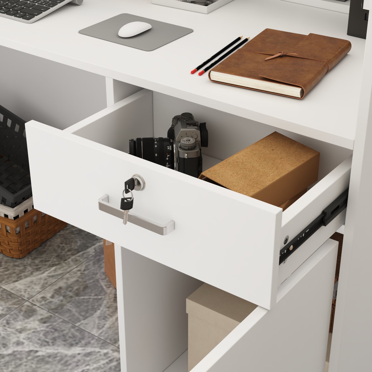 Bureau d’Accueil avec Case amovible, Comptoir de réception avec Porte et Tiroir verrouillable, Bureau, 140x60x110cm, Blanc - 6