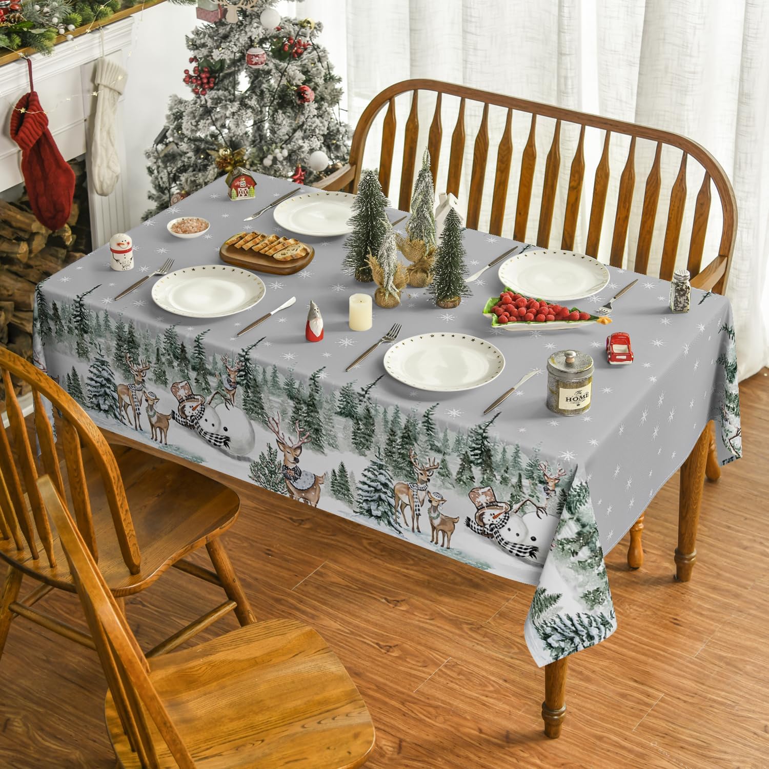 Tovaglia Natalizia Impermeabile Grigio-Bianca Con Alberi E Fiocchi Di Neve – 130 X 220 Cm – Lavabile In Lavatrice
