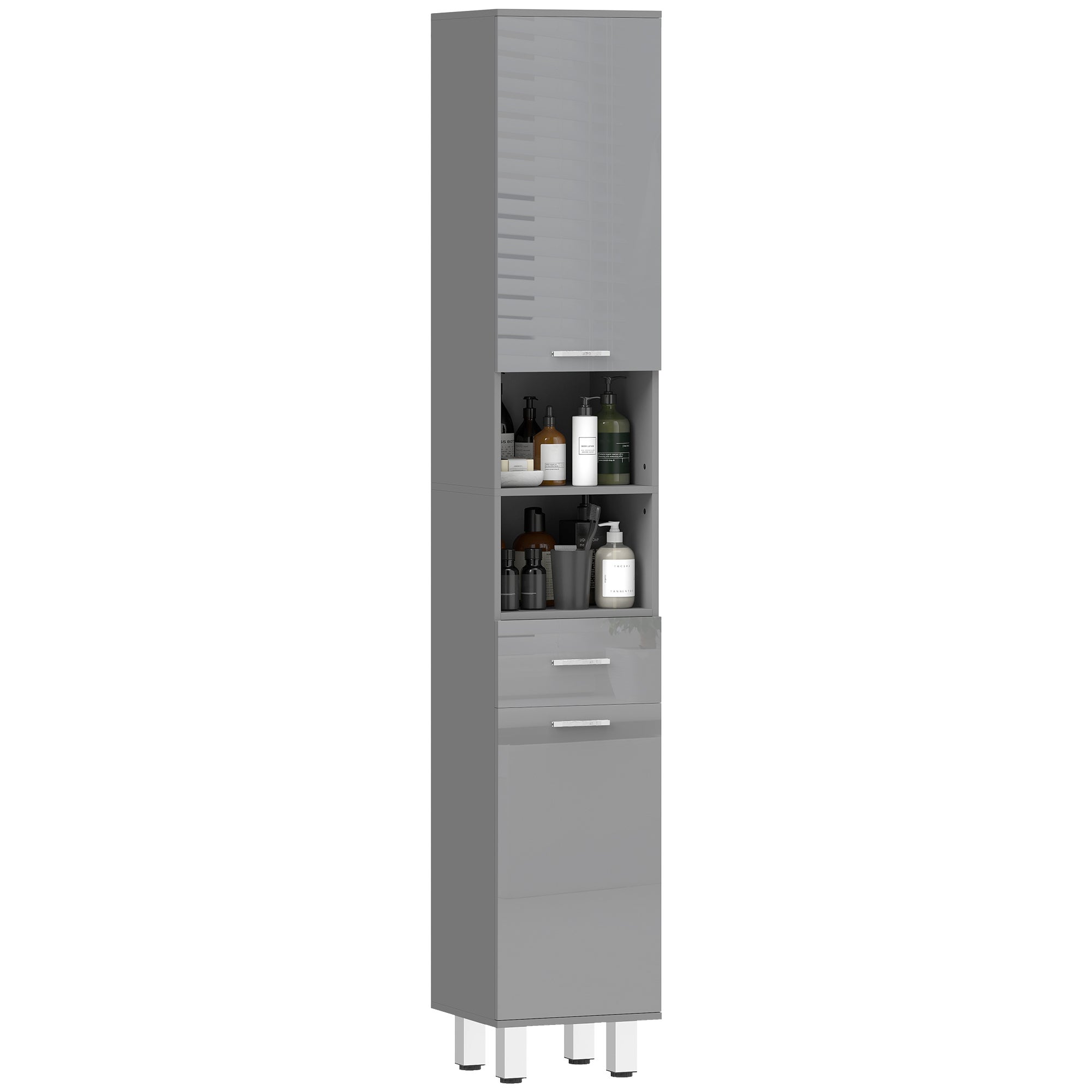 Armario de baño, cómoda de baño, con estantes y cajón, ajustable, gris.