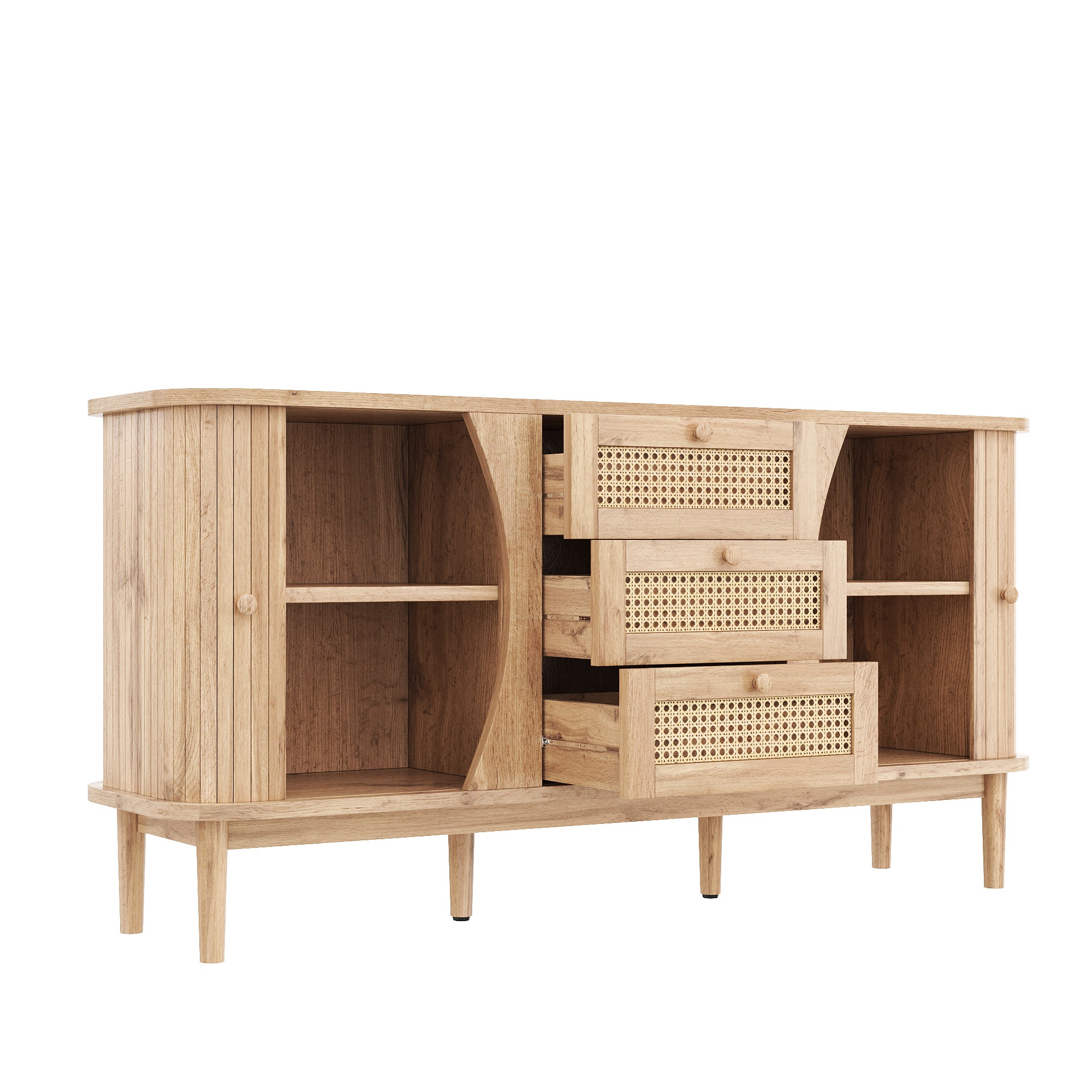 Buffet 140,5x40x76cm - 3 tiroirs en rotin - 2 portes coulissantes - étagères réglables - naturel - 7