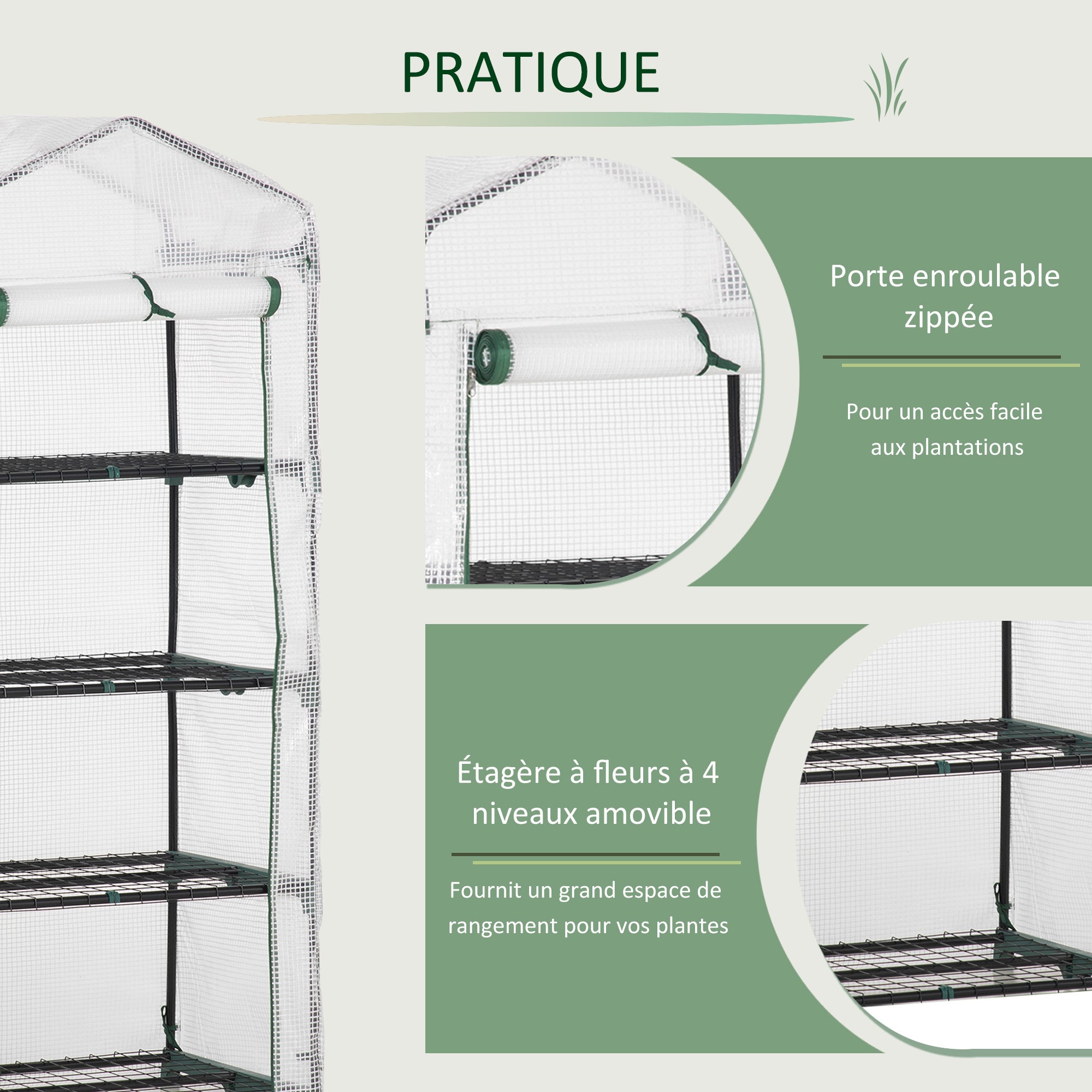 Outsunny Serre de jardin PE avec étagères 4 niveaux, serre de balcon, bâche renforcée 140 /m², châssis en acier, porte zippée enroulable 70x50x160cm - 8