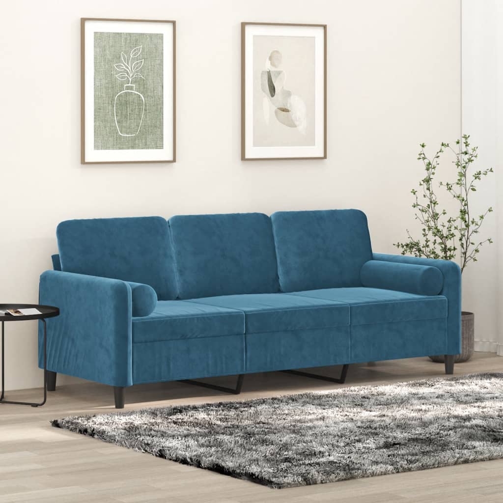 Sofá de 3 plazas con cojines decorativos azules 180 cm de terciopelo.