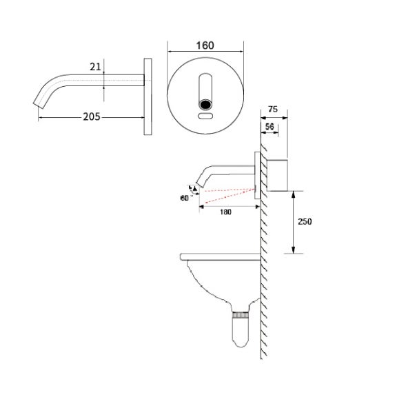 Robinet lavabo automatique mural rond, eau froide Chromé - Pula - 2
