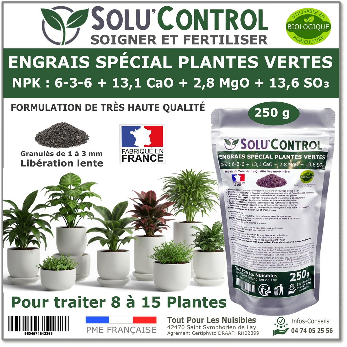 Engrais Plantes Vertes 250g - Formule Organo-Minérale 6-3-6 | Croissance Renforcée & Feuillage Dense | Intérieur/Extérieur | Made In France