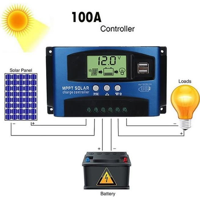 Régulateur de charge solaire - 100A MPPT - 12V/24V - Suivi automatique - Haute efficacité - 7