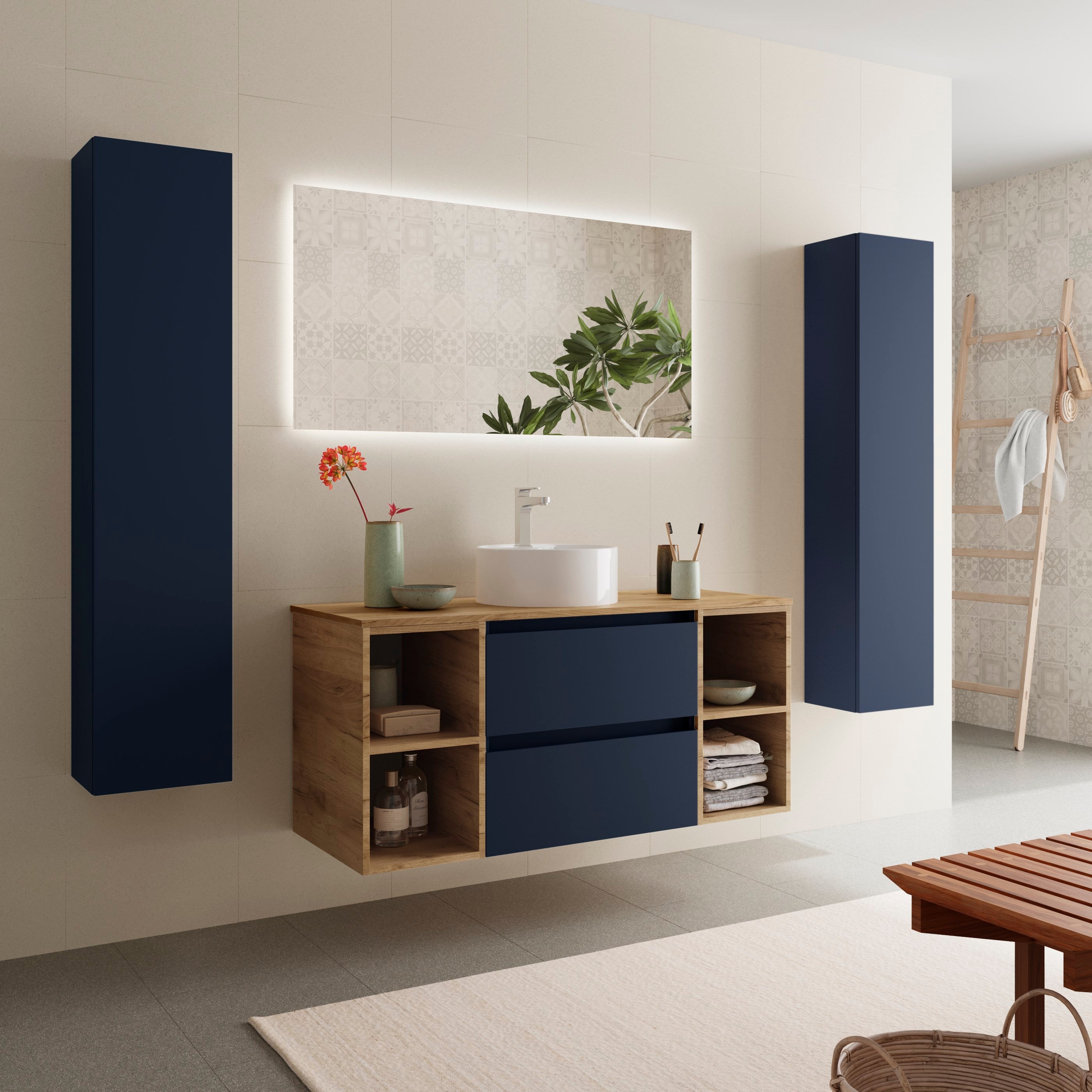 Meuble de salle de bain BEQUIA Plus 120cm Bleu mat /Chêne | Vasque à poser Porcelaine Centrale - 2