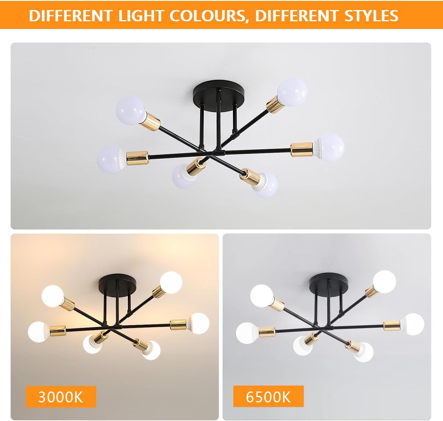 GOECO Plafonnier salon industriel,Luminaire salon,Lustre Vintage Industriel à 6 Lumières avec Douilles E27 pour,Idéal pour salon, chambre et cuisine - 3