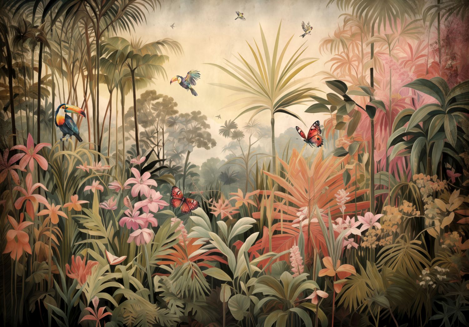 Fotomural jungla con animales verde, rosa y beige - 4 x 2.79 m - estahome