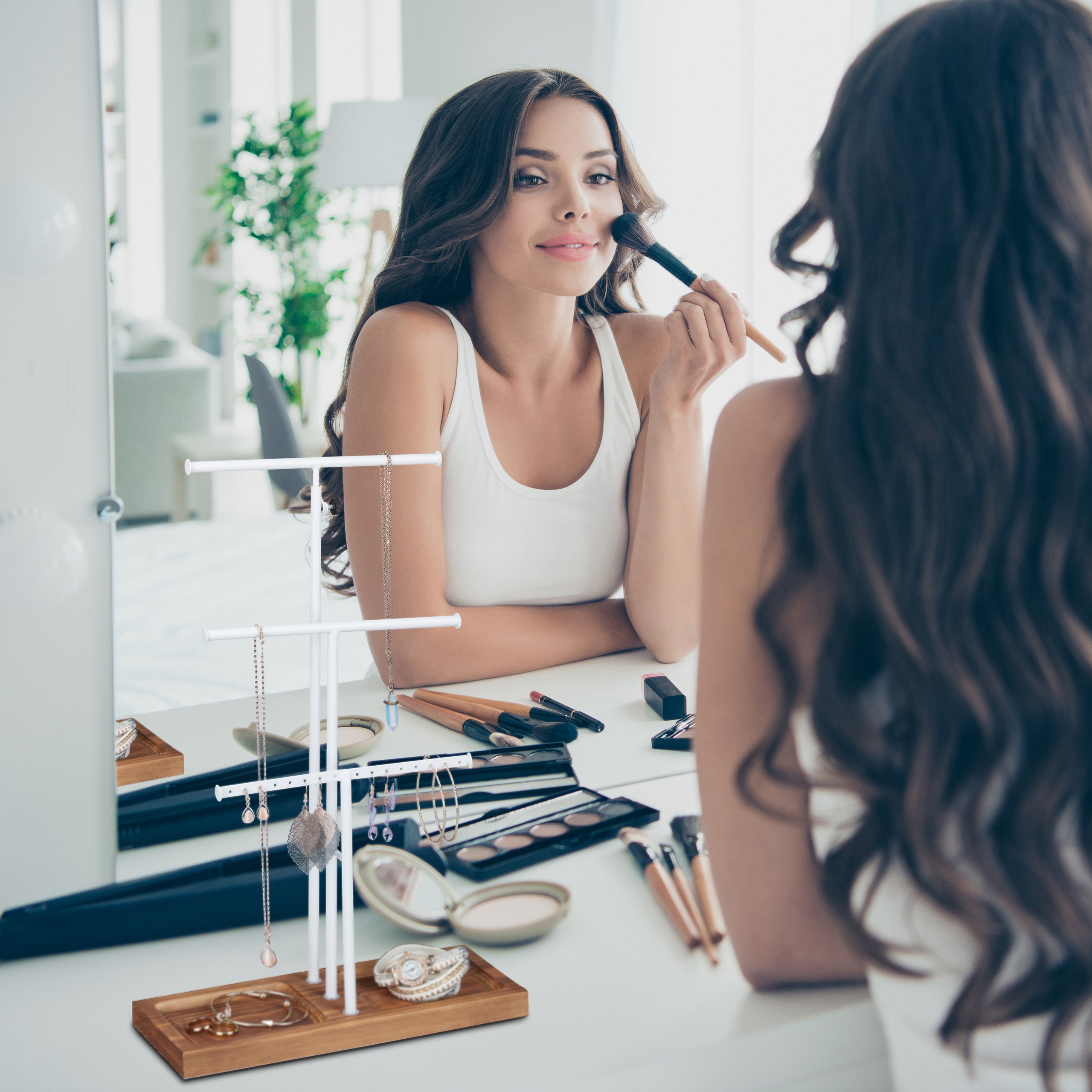 Présentoir à bijoux, 3 barres, forme de T, colliers, boucles d’oreilles & bracelets, bois & métal, blanc/brun, Relaxdays - 3
