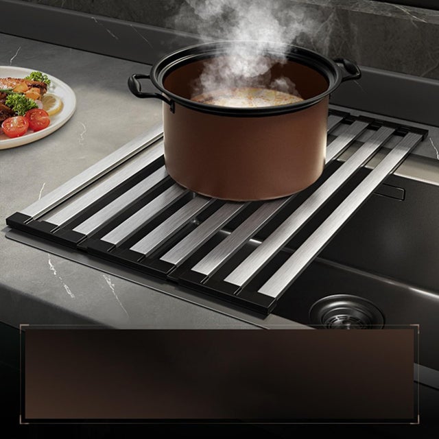 PUSDON Scolapiatti da sopra il lavello (66 - 96,5 cm), grande scolapiatti regolabile per organizzare il bancone della cucina, 2 ripiani in acciaio inox sopra il lavello scolapiatti display