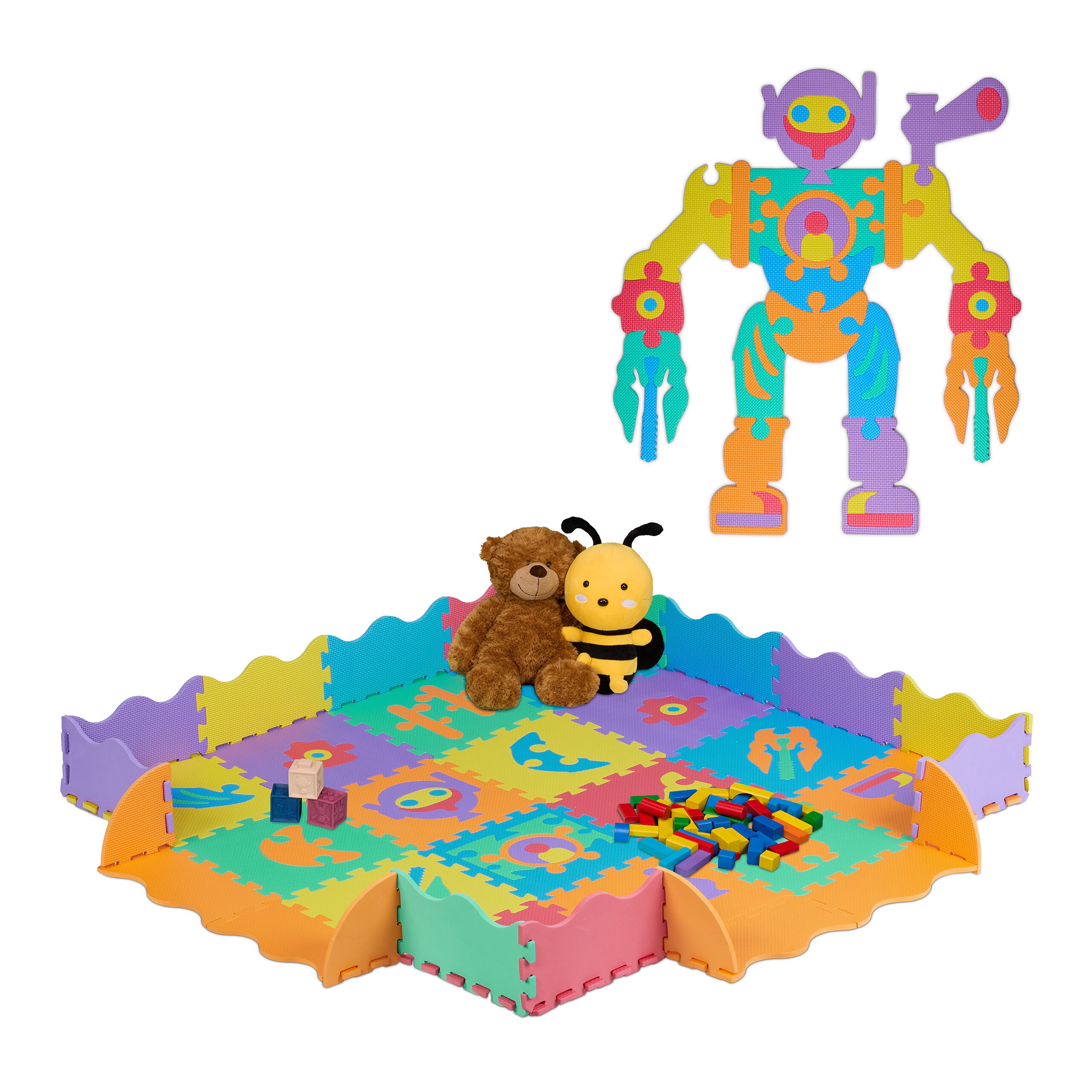 Relaxdays alfombra puzzle bebé, colchoneta juegos 4 x 4, con robot para montar, goma no tóxica, suelo gateo, multicolor