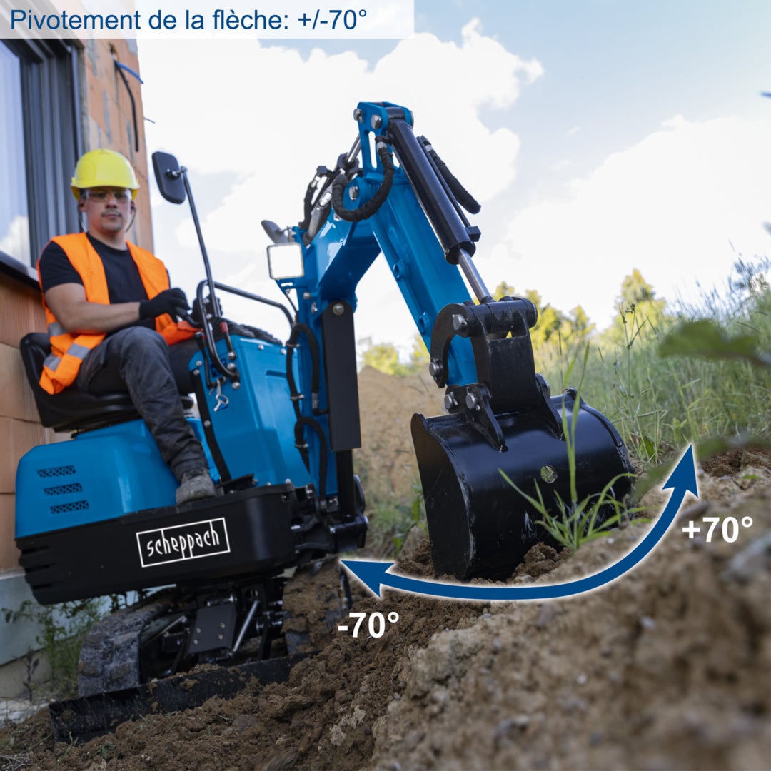 Scheppach Mini-pelle thermique EXC815 - moteur 4 temps 306 cm³ - 8,5 CV - 485/815 kg - plage de rotation 360° - hauteur de chargement max 1350 mm - 9