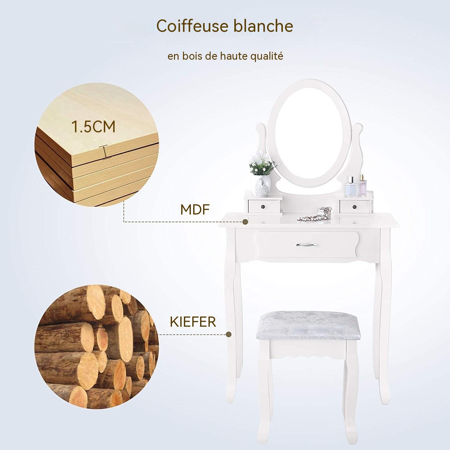 Coiffeuse Blanche avec Miroir Pivotant 360°, Table de Maquillage 3 Tiroirs et Tabouret Rembourré, Bureau 2-en-1 Chambre, 75x40x136cm - 3