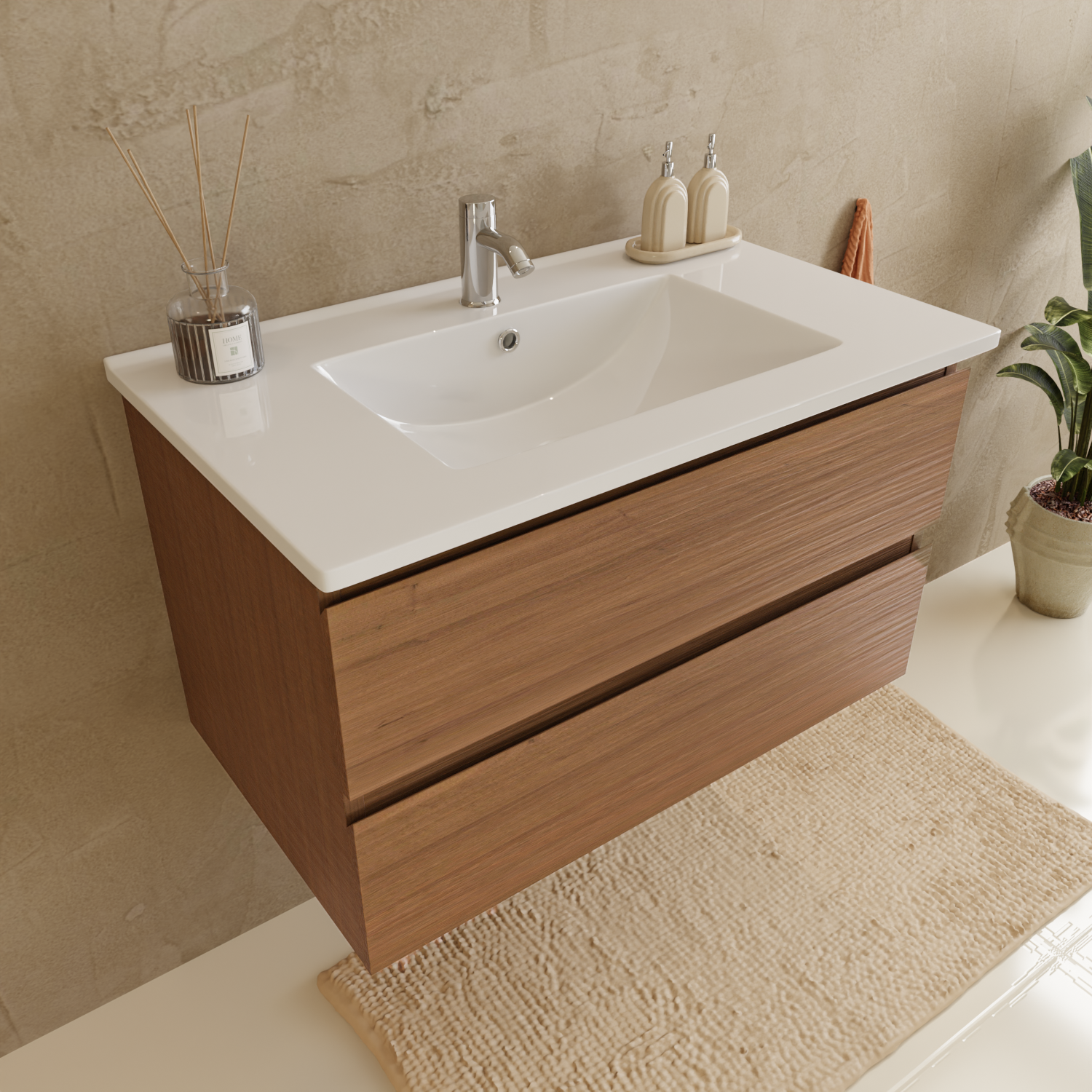 Ensemble Meuble Vasque 80 Cm Avec Colonne - Chêne Chaud - Lavabo Blanc - LOMAZOO Verona - 2