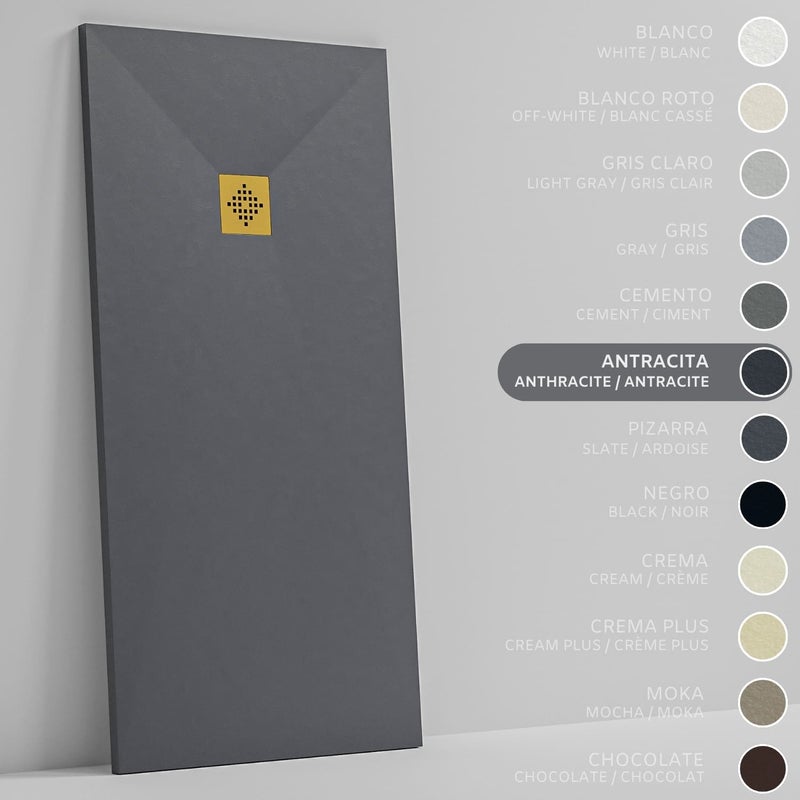 SOULHOME Brodzik prysznicowy– Żywica– Gel Coat– Gładka/Kamienna tekstura – Antypoślizgowy – antracytowy – 120X70- Niski 3 cm– Ruszt Złoty