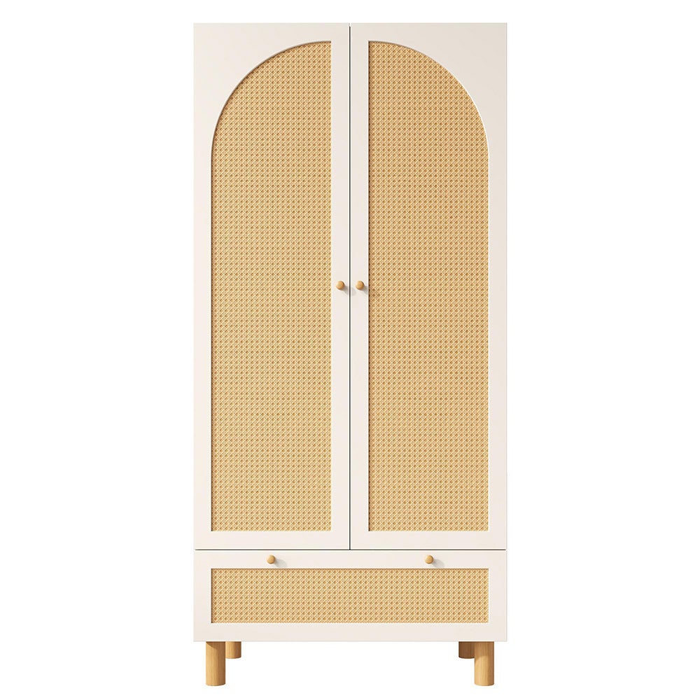 Armoire penderie à 2 portes et rotin blanc avec grand tiroir étagères réglables en hauteur - 5