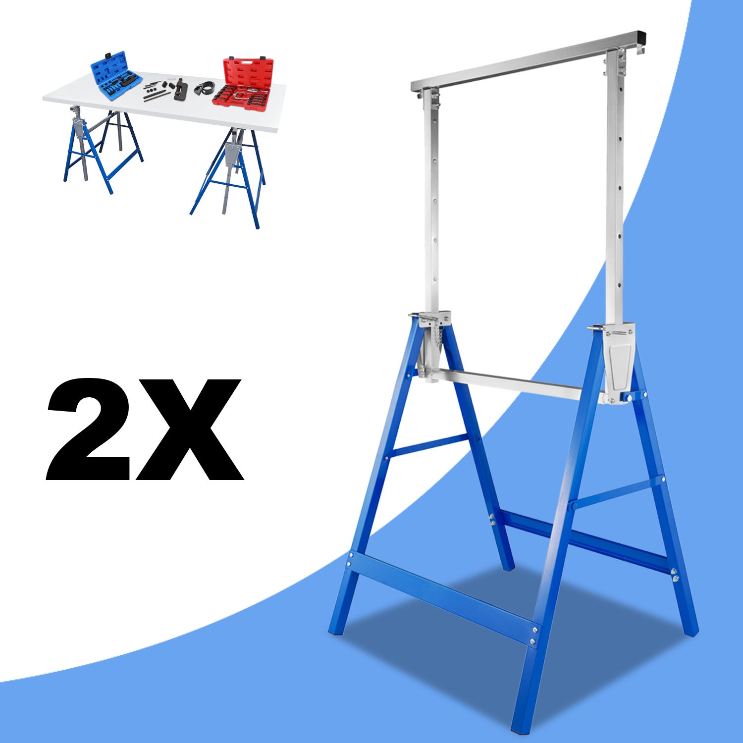 2 caballetes telescópicos azules, regulables en altura de 80 a 130 cm, con superficie antideslizante.