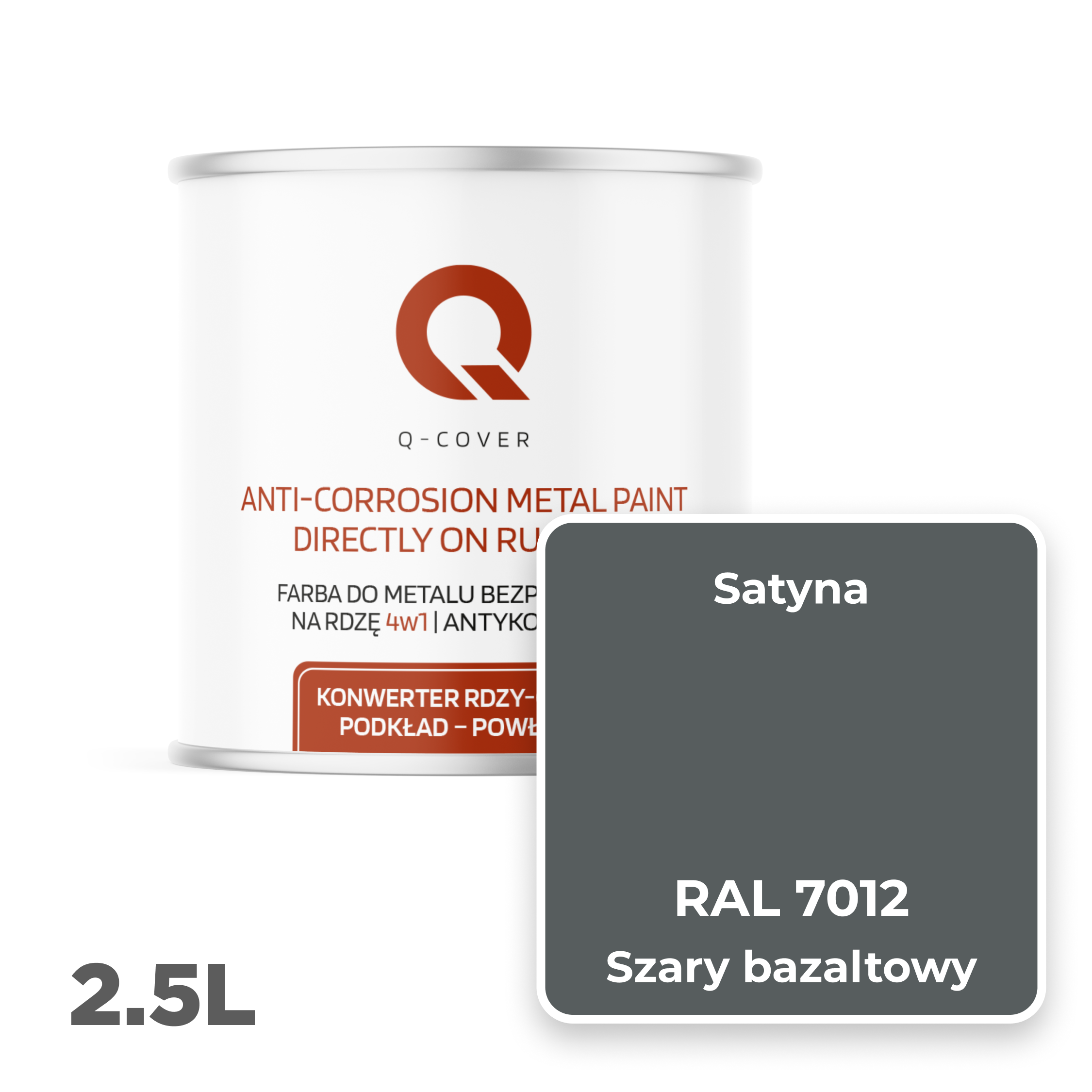 Farba do Metalu Prosto na Rdzę 4w1 Q-Cover Szary bazaltowy RAL7012 Satyna 2.5L - 2