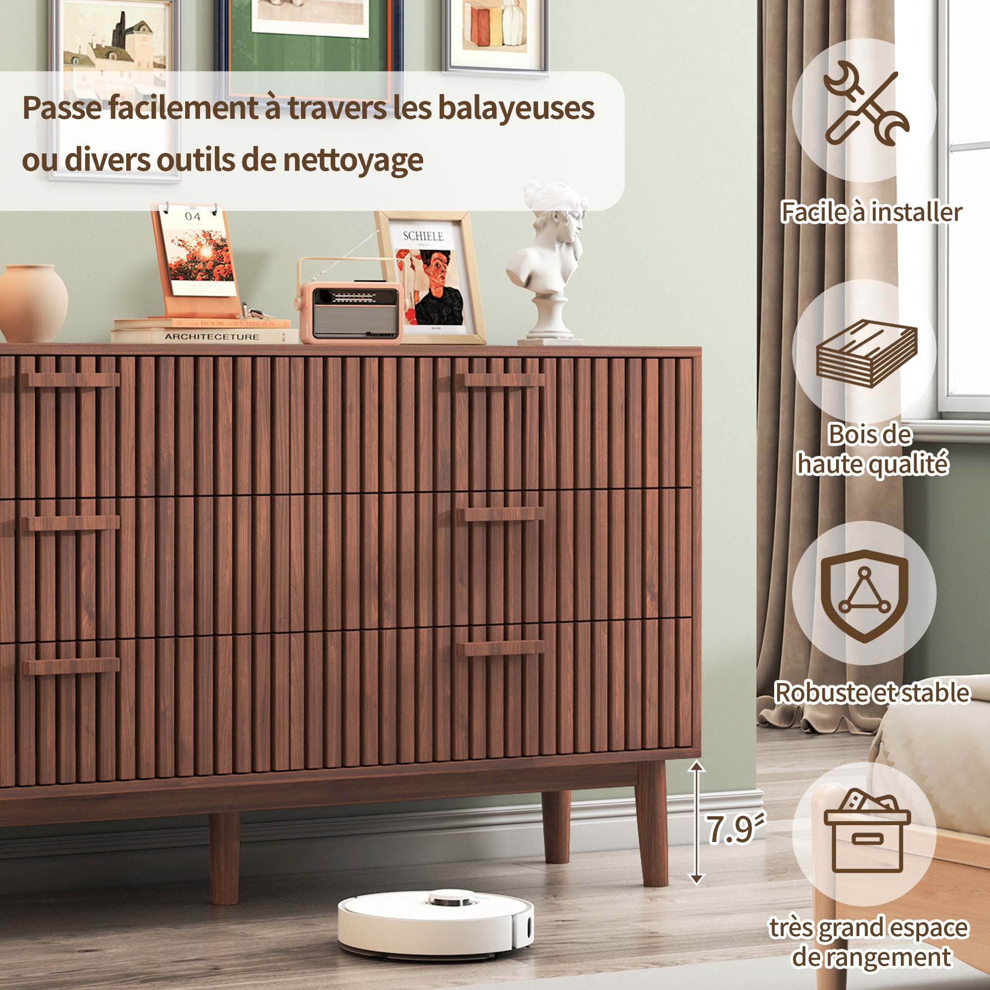 Commode - 6 tiroirs avec poignées - patins antidérapants+conception antidérapante en métal - B100 cm - grand espace de rangement - coloris noyer - 4