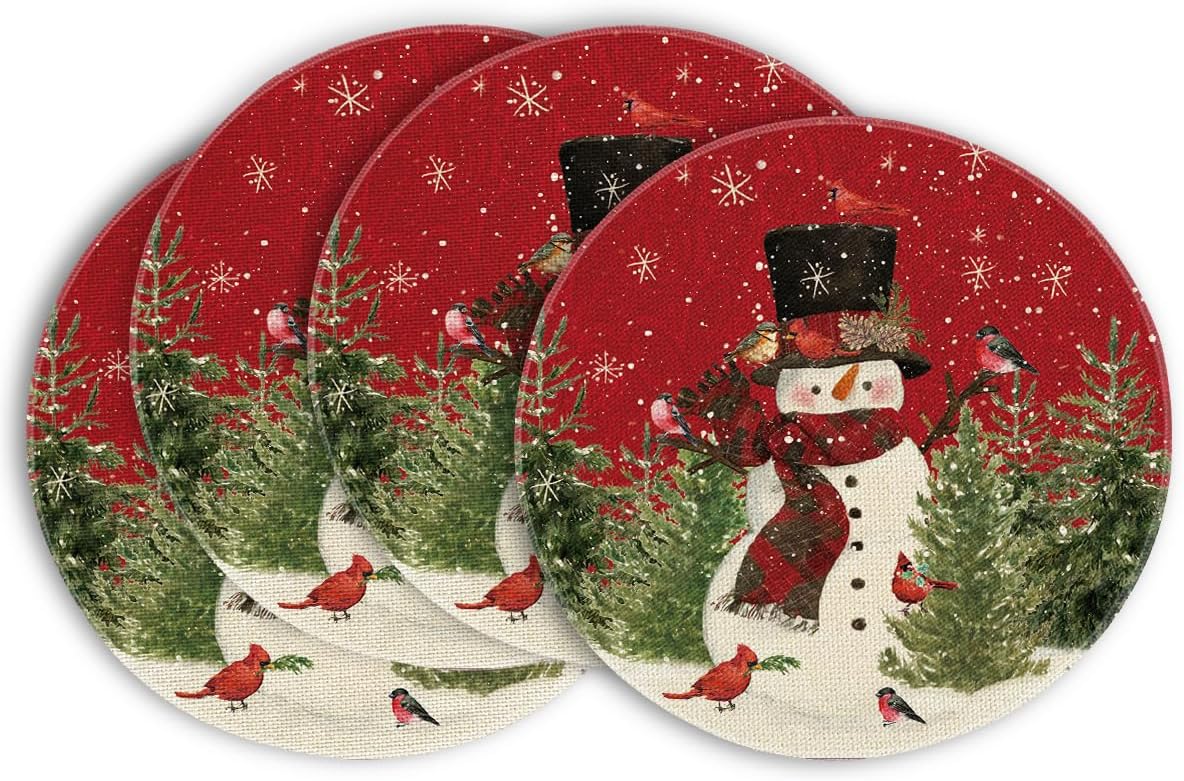 Zestaw 4 okrągłych podkładek pod talerze, Bałwanki, Boże Narodzenie, Zmywalne podkładki na stół, Dekoracja na przyjęcie w kuchni, Czerwone, 38 cm