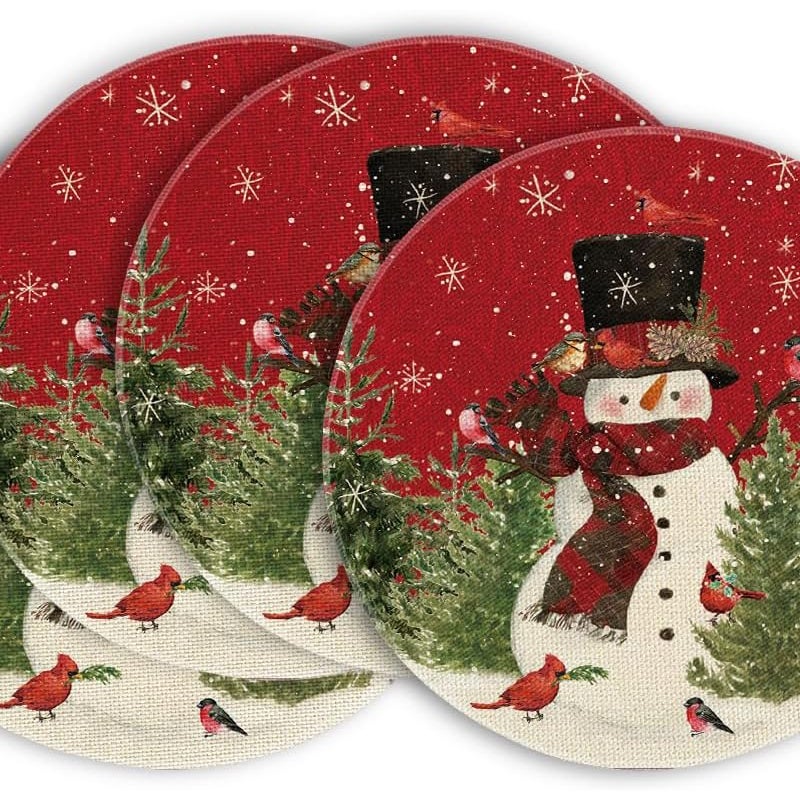 Zestaw 4 okrągłych podkładek pod talerze, Bałwanki, Boże Narodzenie, Zmywalne podkładki na stół, Dekoracja na przyjęcie w kuchni, Czerwone, 38 cm