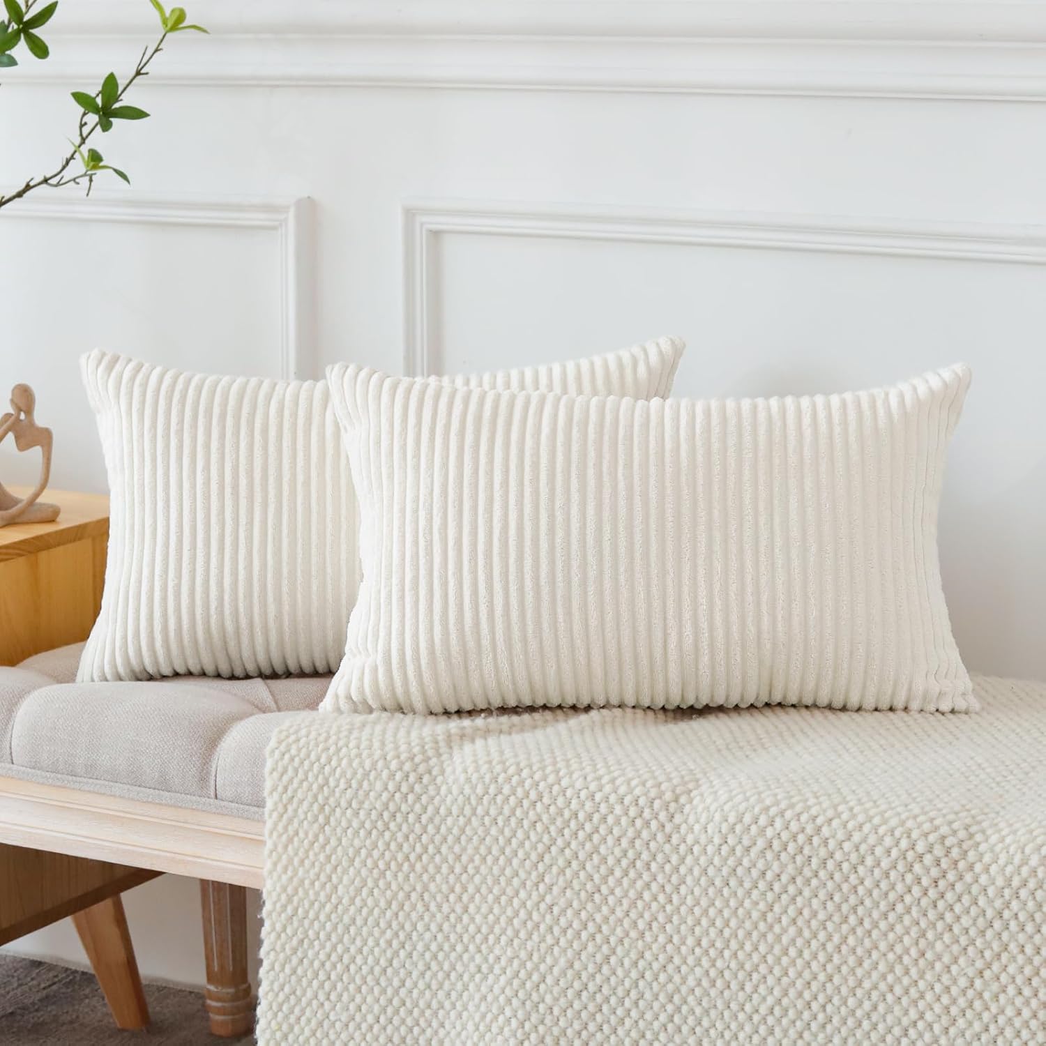 Housses de coussin en velours côtelé (lot de 2) pour coussins de canapé décoratifs, housses de coussin décoratives douces, 30 x 50 cm, blanc cassé - 3
