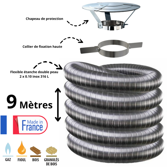 Kit tubage flexible double peau inox diamètre 130 + collier + chapeau Edilinox - Longueur 9 mètres