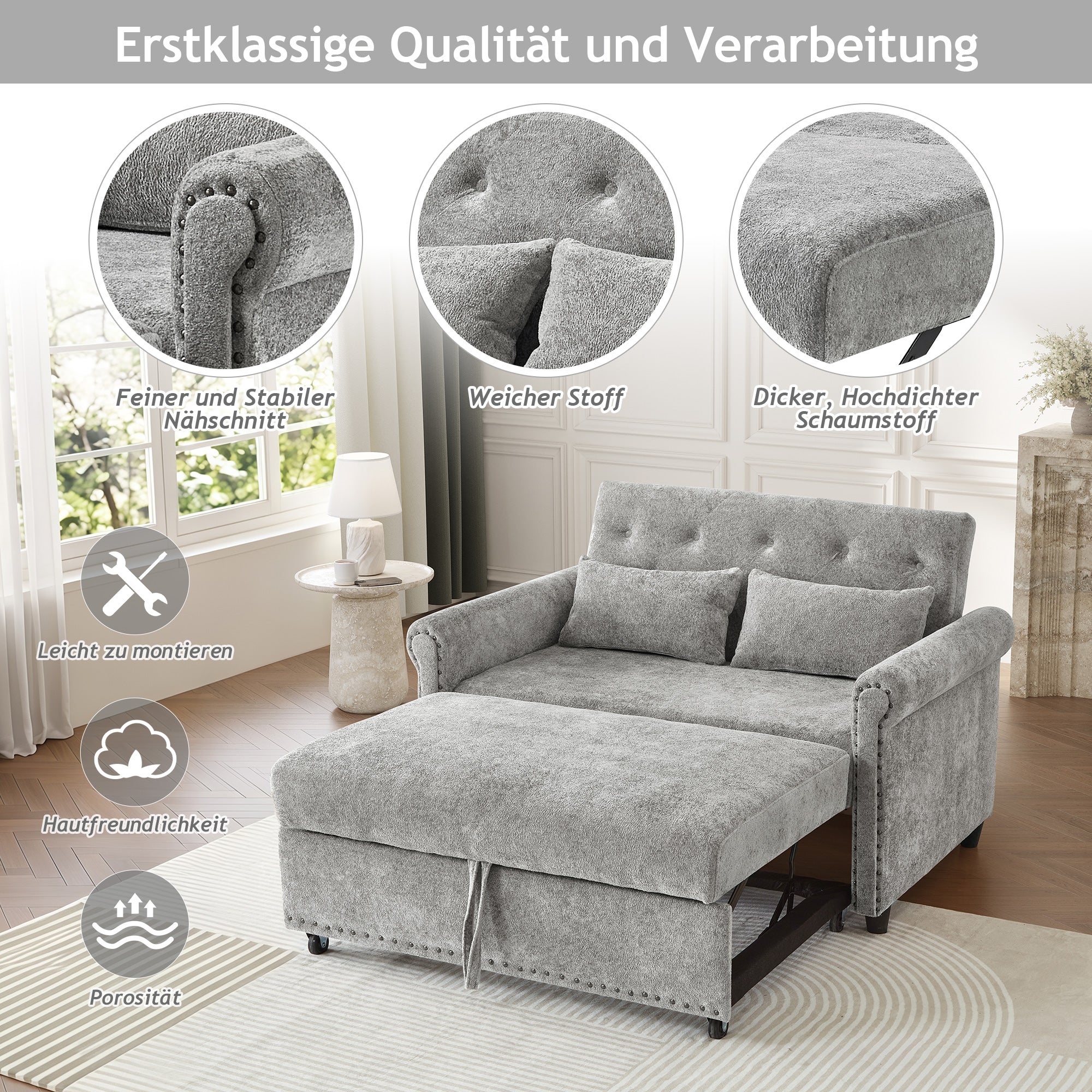 Sofa rozkładana 3 w 1 z odchylanym oparciem (110°/145°/180°) - Tkanina szenilowa - Powierzchnia spania 170 x 98 cm - 2 poduszki - Szary - 9